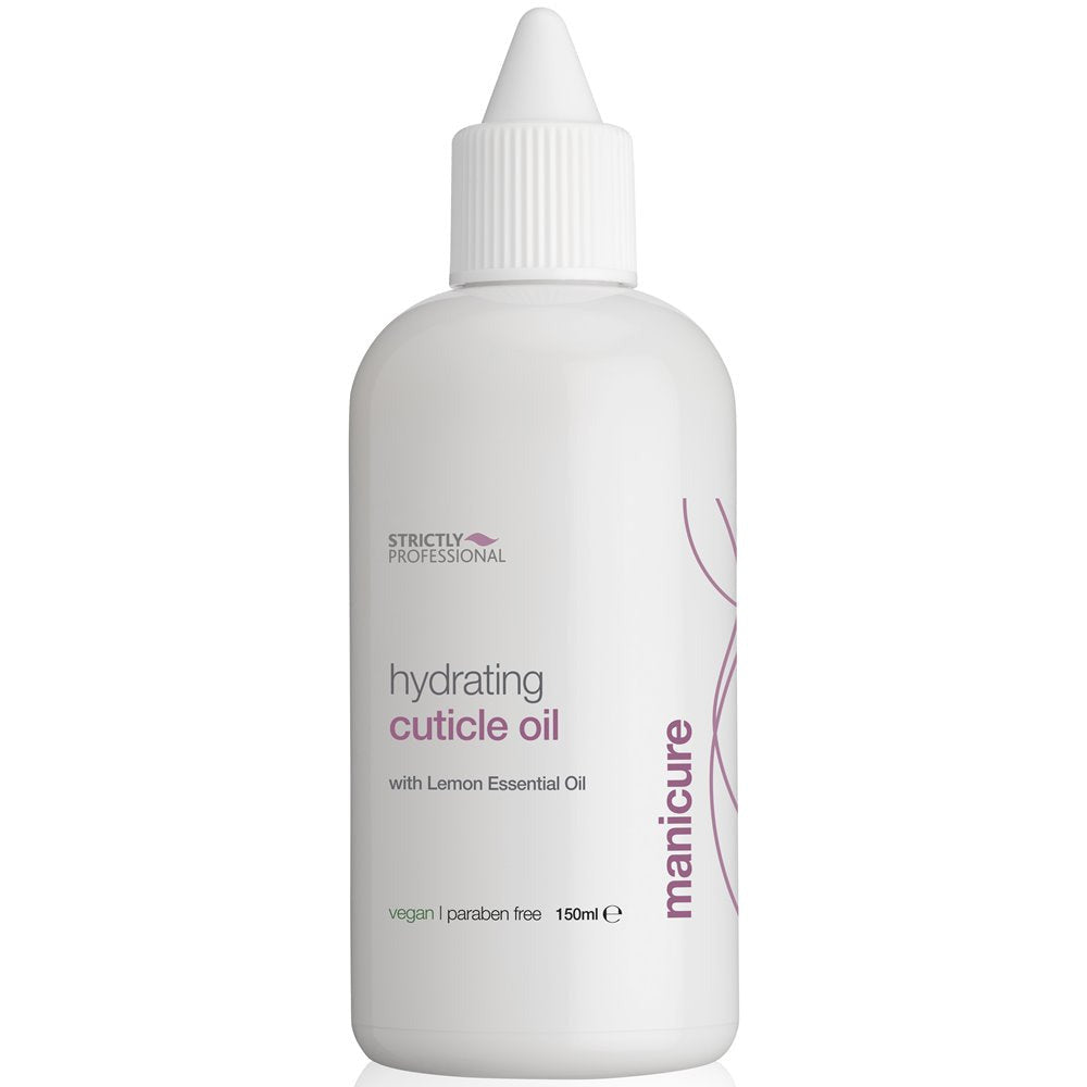A bottle of Strictly Professional brand hydrating cuticle oil with a white dropper cap.