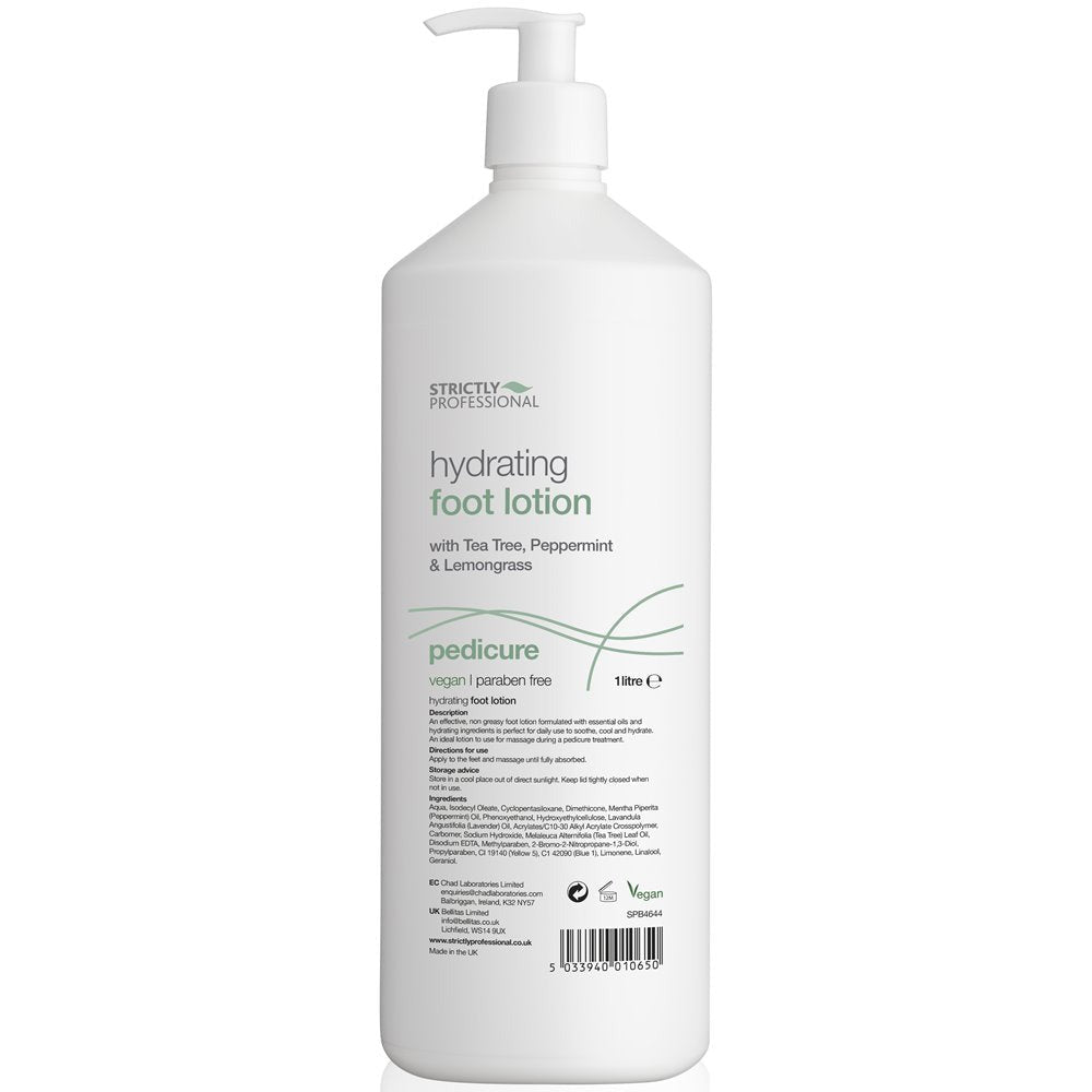 A tube of Strictly Professional hydrating foot lotion with green accents on the packaging.