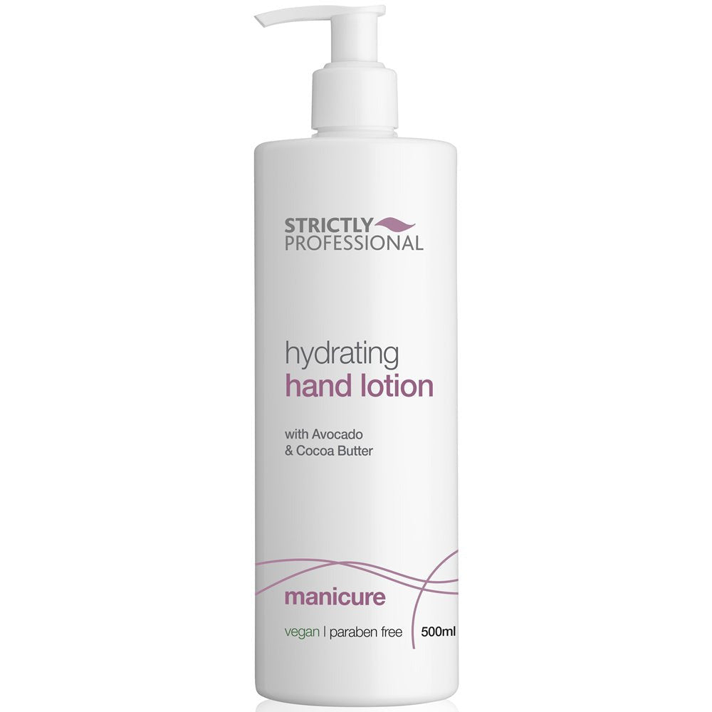 A tube of Strictly Professional hydrating hand lotion with a white and purple design, indicating it is a product for manicure use.