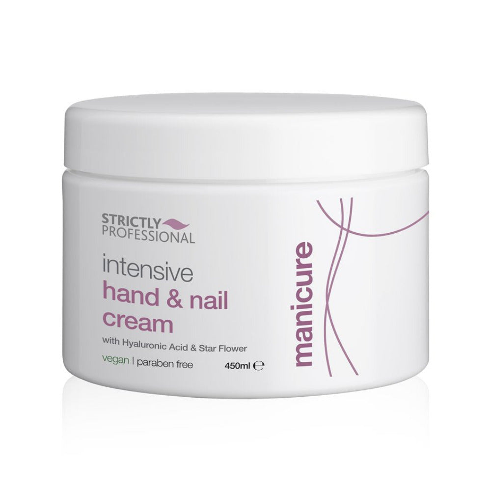 A tube of Strictly Professional intensive hand & nail cream with a white background, primarily designed to nourish and hydrate the skin.
