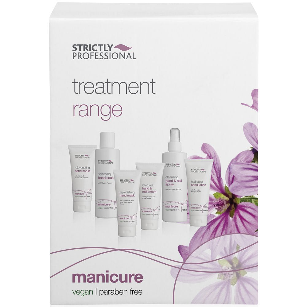 A product image featuring the Strictly Professional Manicure Treatment Range Kit, containing various bottles and tubes for hand and nail care.