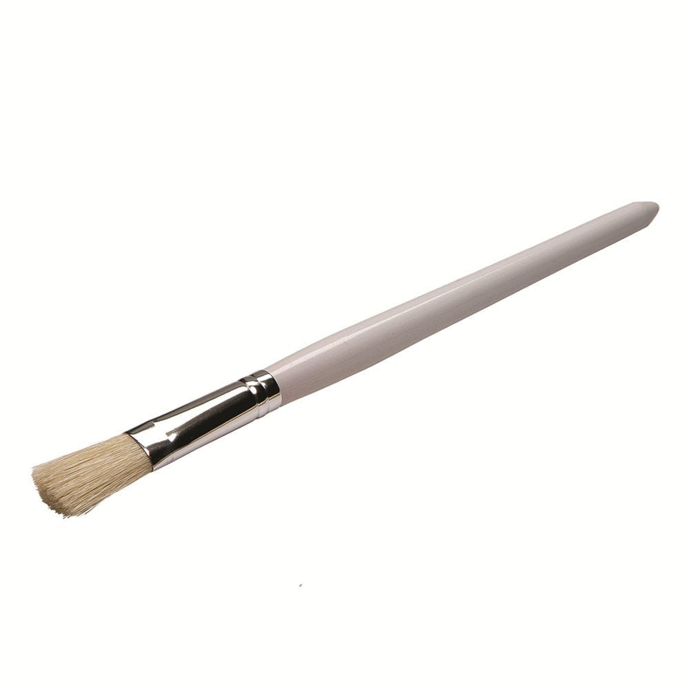 A fan-shaped makeup brush with a white handle and beige bristles, isolated on a white background.
