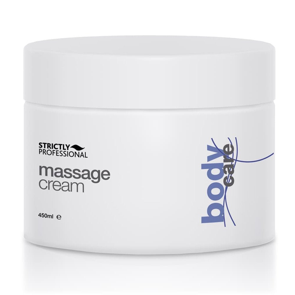 A jar of Strictly Professional massage cream, with a white body and blue labeling, containing 450ml of product.