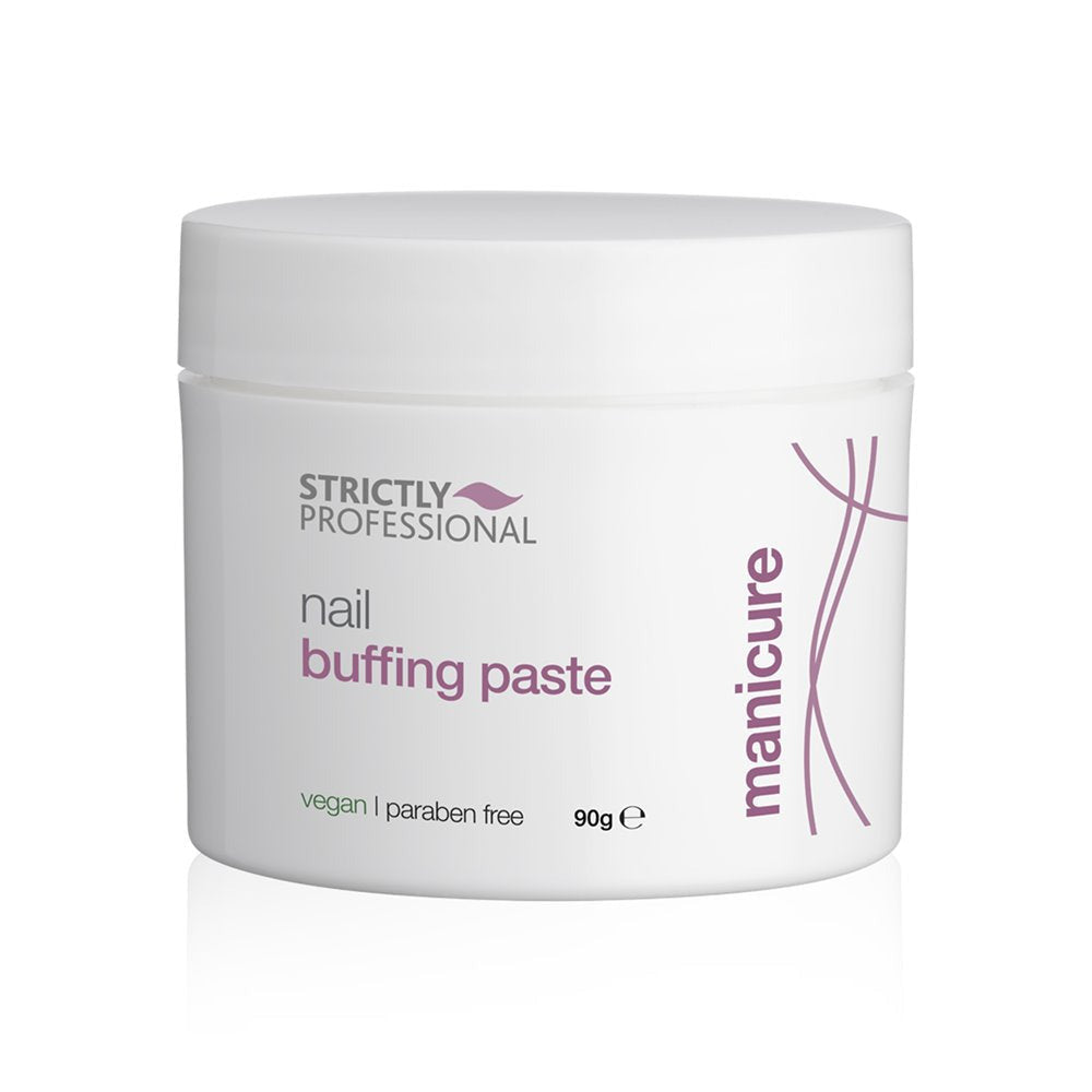 A container of Strictly Professional Nail Buffing Paste with the label facing forward. The label has pink and purple text and the container is white.
