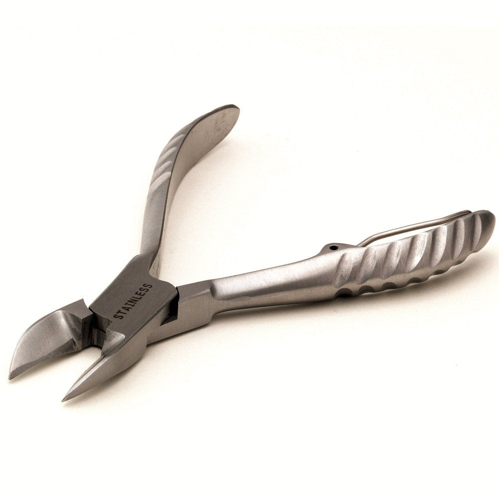 A pair of Strictly Professional 4 inch nail pliers with curved blades, isolated on a white background.