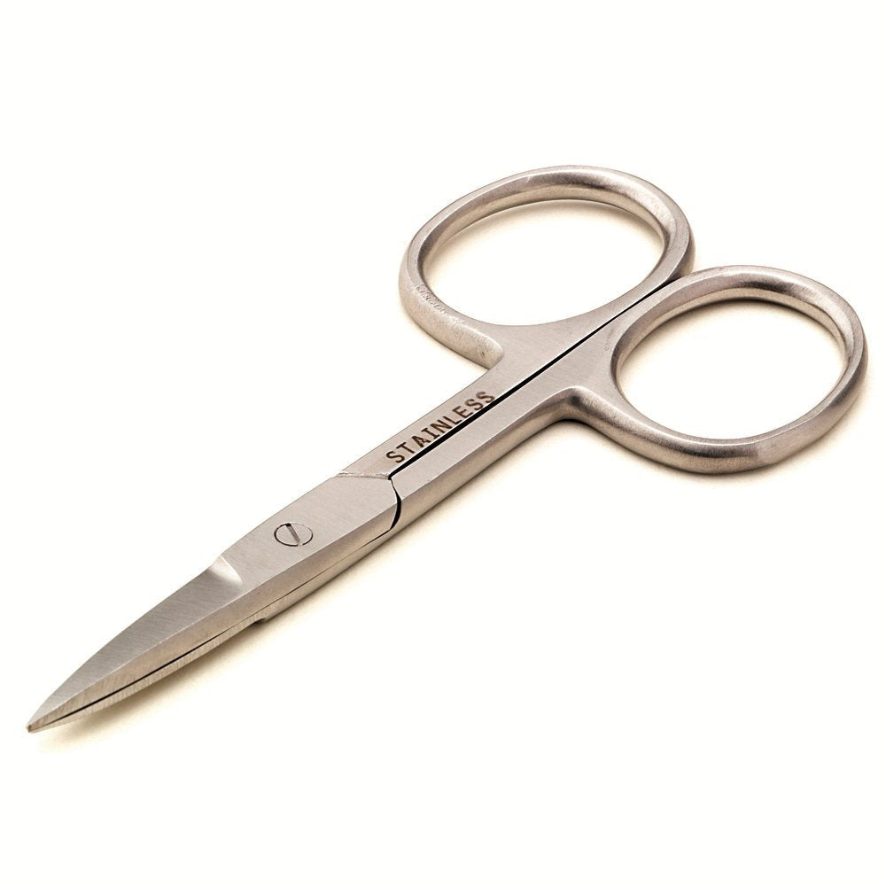 A pair of professional nail scissors with curved blades, made from stainless steel.