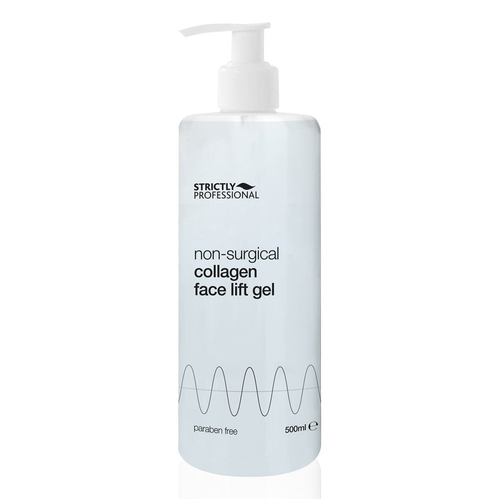A bottle of 'Strictly Professional - Non Surgical Face Lift Gel' with a pump dispenser, primarily white with product information text.