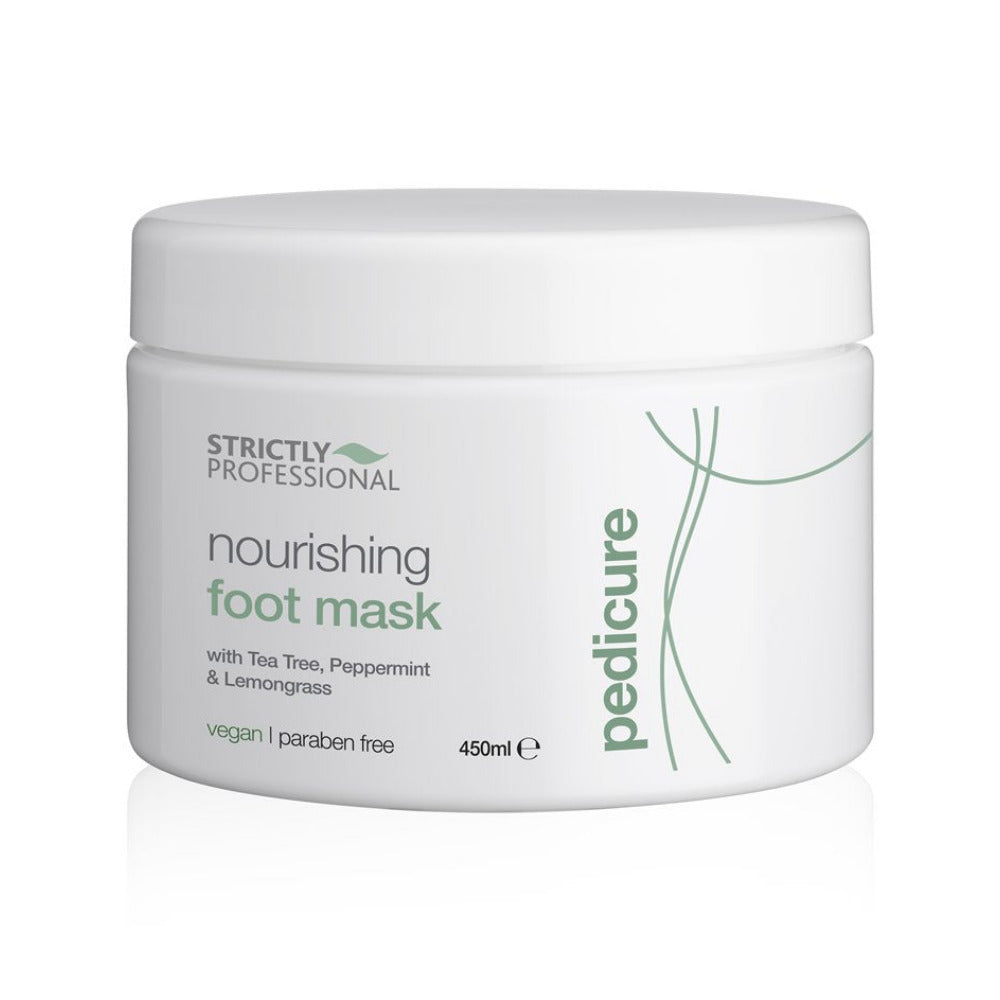 A tube of Strictly Professional nourishing foot mask with green accents on packaging.
