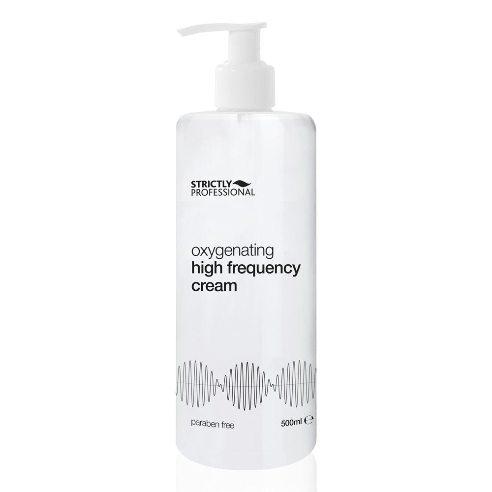 A white pump bottle labeled 'Strictly Professional Oxygenating High Frequency Cream 500ml' designed for skin treatments.