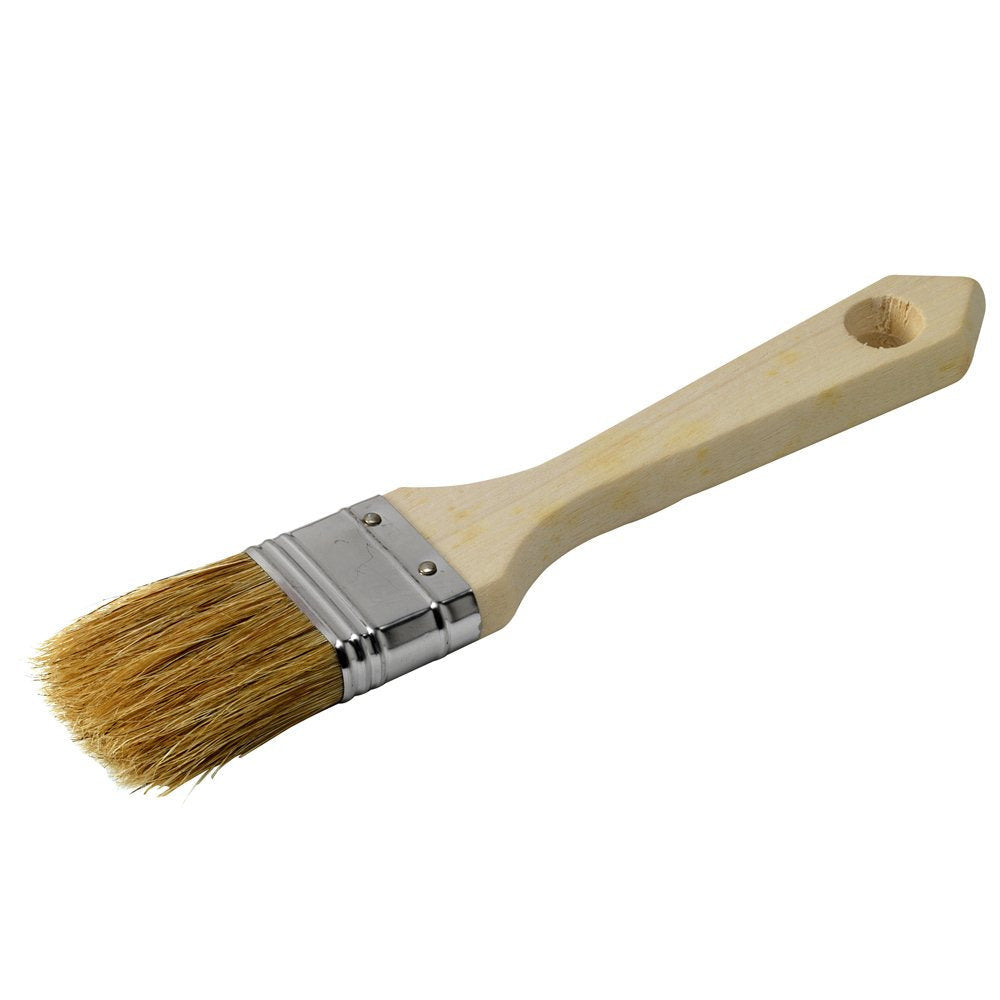 A brush with a wooden handle and synthetic bristles, typically used for applying paraffin wax.