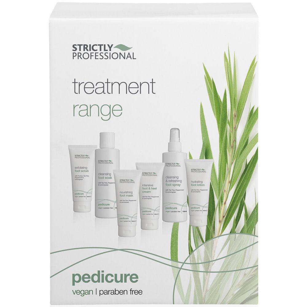 A product image featuring a box labeled 'Strictly Professional treatment range' with various pedicure treatment items including bottles and a foot mask, indicating the products are vegan and paraben-free.