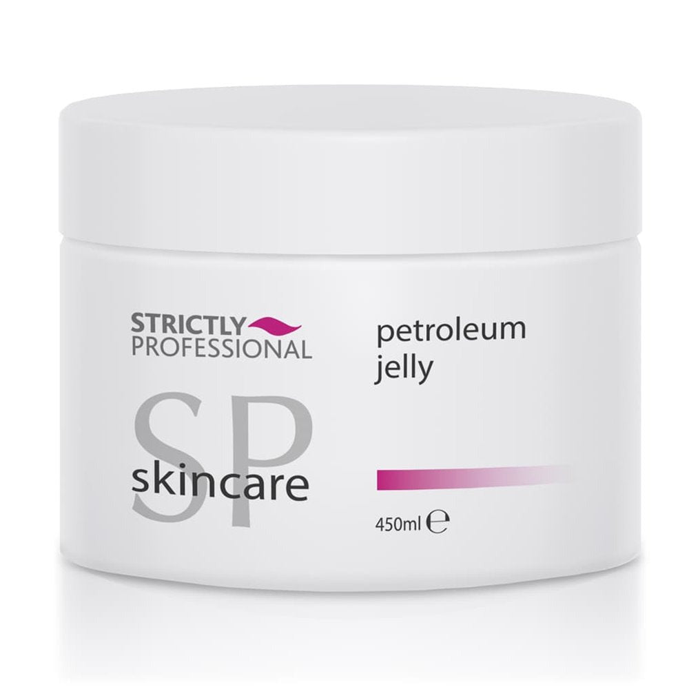A white container of Strictly Professional Petroleum Jelly with a label on the lid.