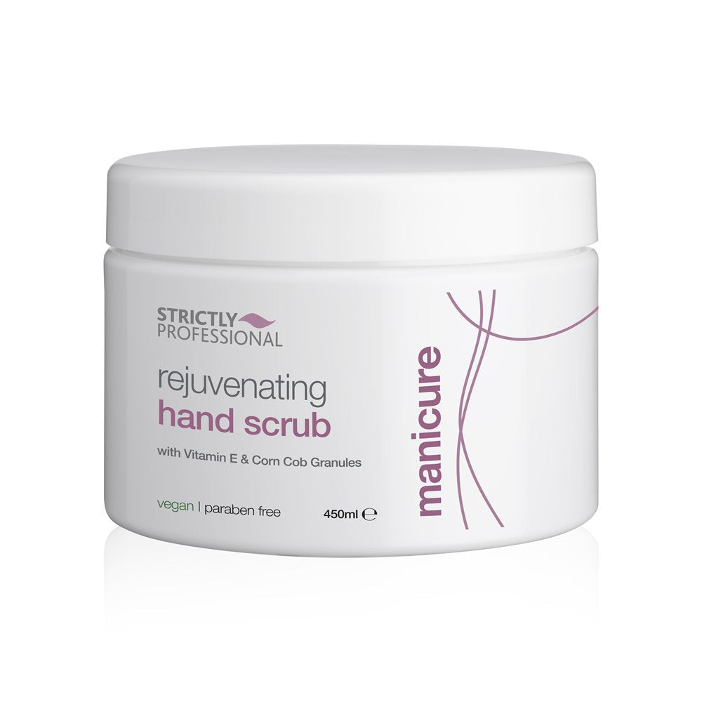 A tube of Strictly Professional rejuvenating hand scrub with white and pink text, indicating the product is for manicure use and contains corn corn granules.