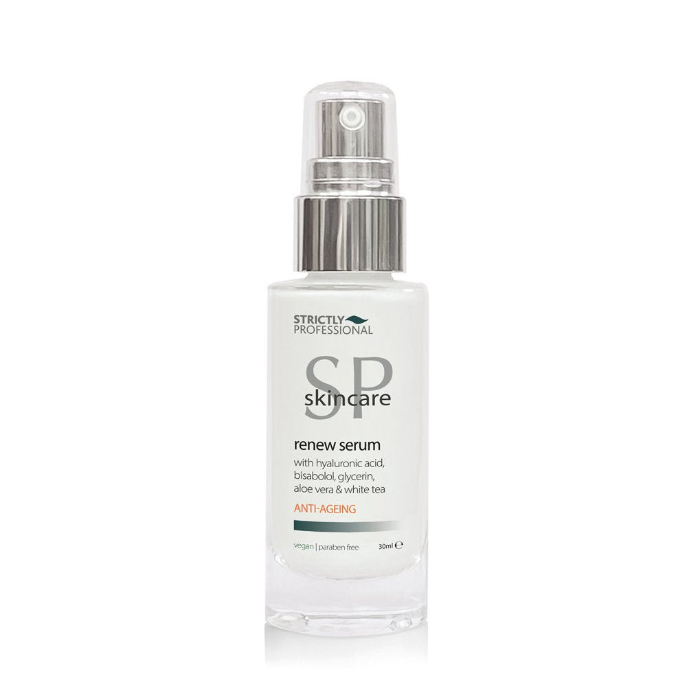 A bottle of 'Strictly Professional - Anti-Age Renew Serum 150ml', primarily white in color with a pump dispenser, labeled for facial use.