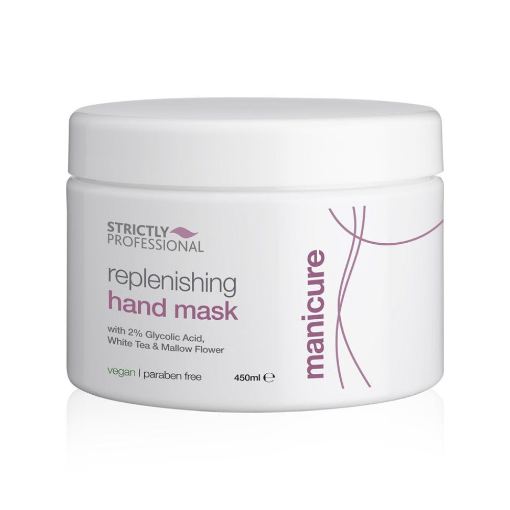 A tube of Strictly Professional replenishing hand mask with white and pink design elements.