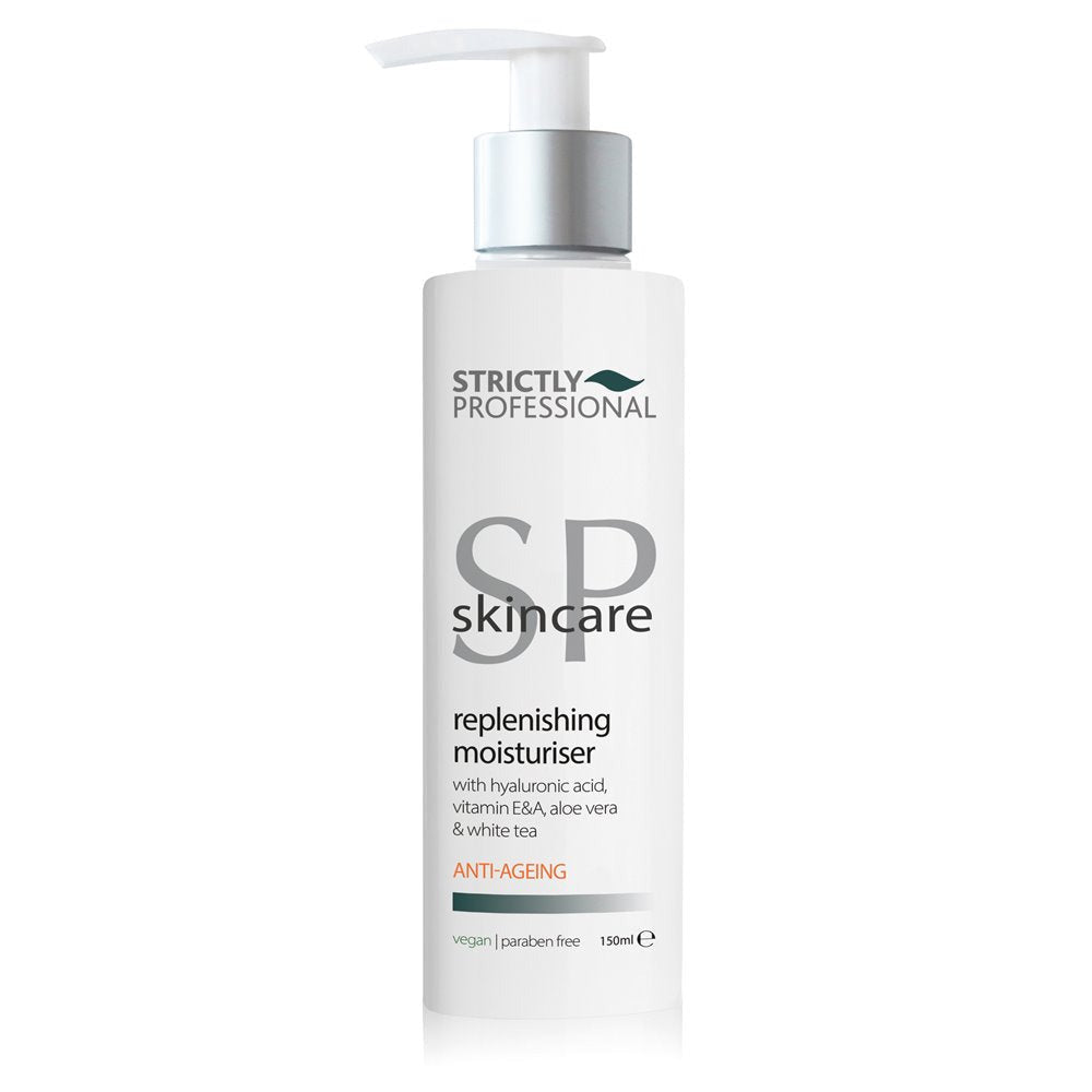 A pump bottle of Strictly Professional Anti-Age Replenishing Moisturiser with Vitamin E & A, Hyaluronic Acid, Aloe Vera and White Tea.