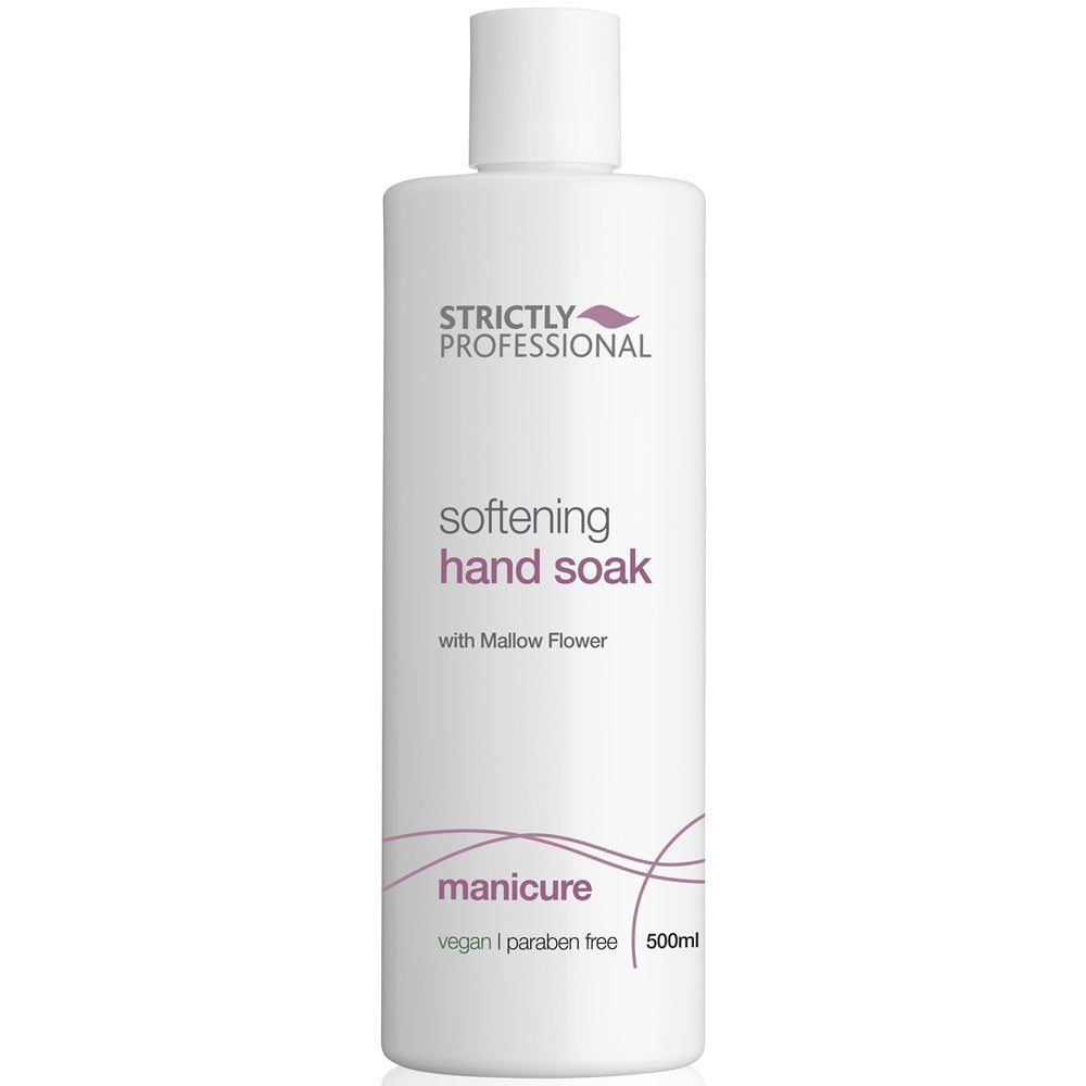 A bottle of Strictly Professional hand soak with the text 'Softening hand soak with Mallow Flower' on the label.