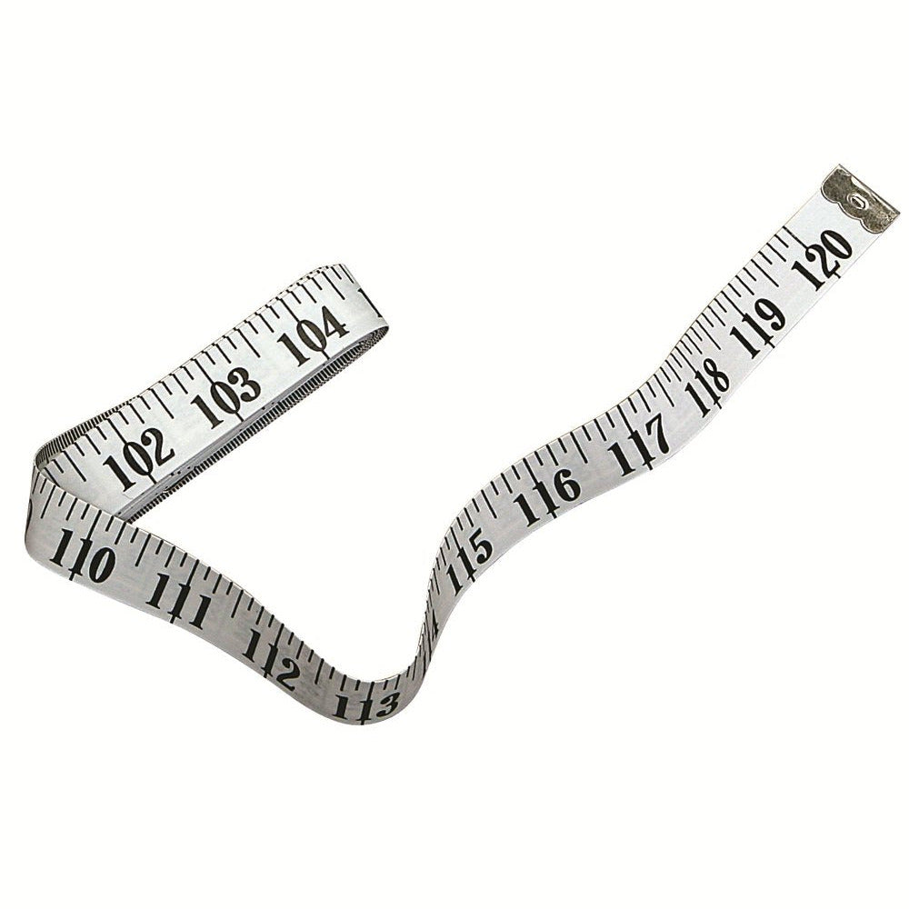 A coiled tape measure with black markings on a white background, designed for measuring length.