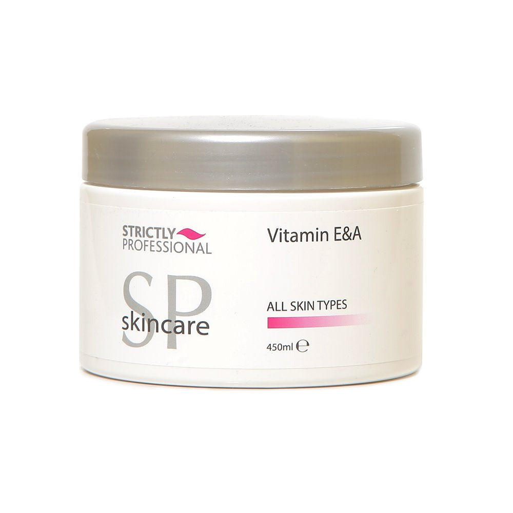 A tube of Strictly Professional Vitamin E&A Cream, indicating it is a skincare product for all skin types.