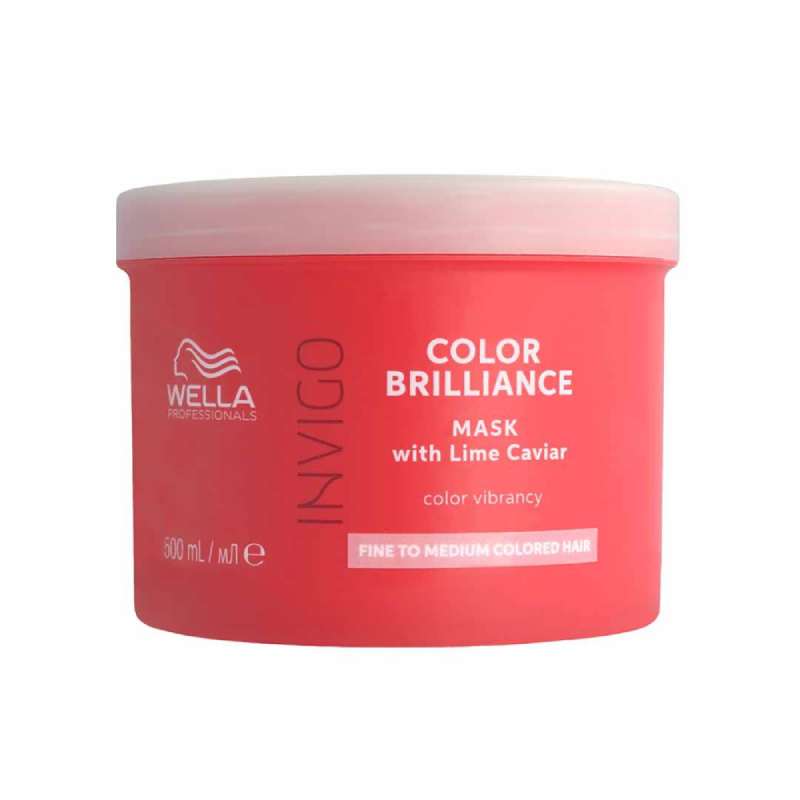 Red jar of Wella Invigo Color Brilliance Mask with Lime Caviar on a white background