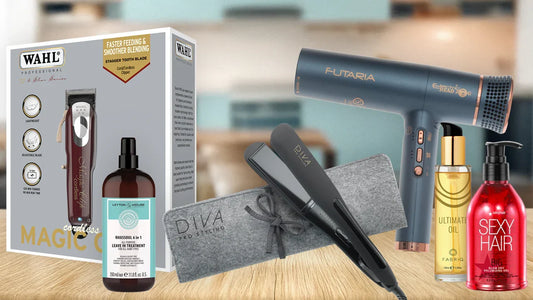 professional hair, beauty, and nail products displayed on clean, glossy surfaces in soft light