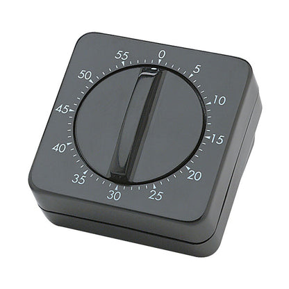 A black manual alarm clock with a analog display and a knob for setting the time.