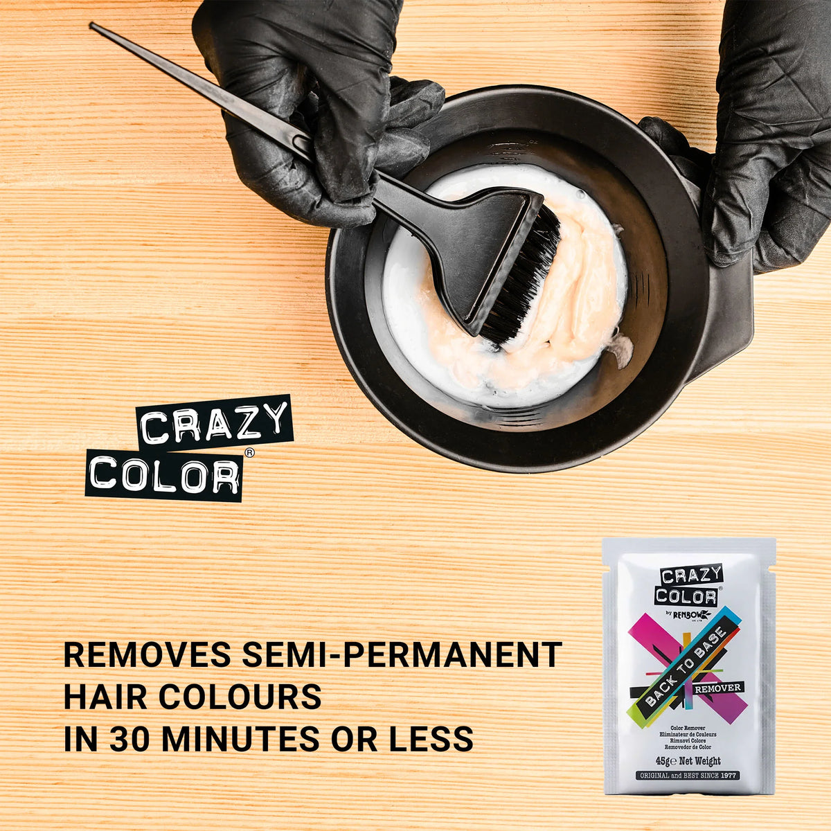 Hair removal product with a brush and container on a wooden surface, featuring the brand 'Crazy Color'.