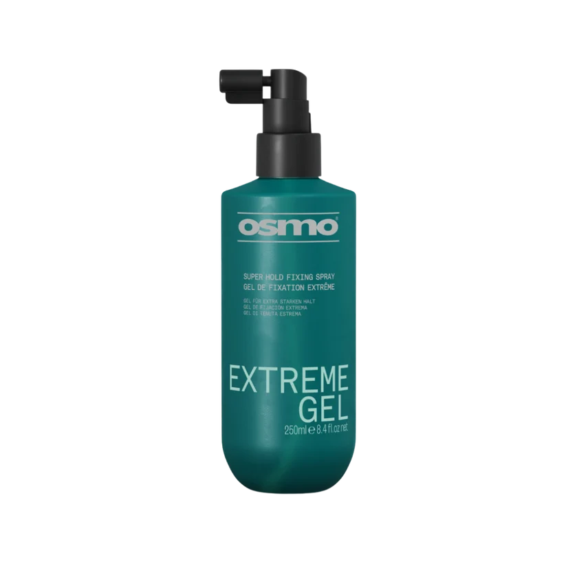 Osmo Extreme Gel Super Hold Fixing Spray in a 250ml teal-green bottle with a black pump dispenser, shown on a plain white background.
