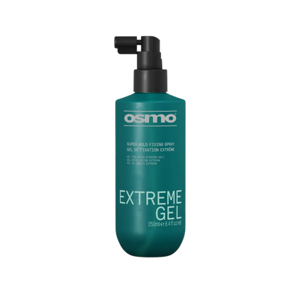 Osmo Extreme Gel Super Hold Fixing Spray in a 250ml teal-green bottle with a black pump dispenser, shown on a plain white background.
