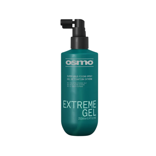 Osmo Extreme Gel Super Hold Fixing Spray in a 250ml teal-green bottle with a black pump dispenser, shown on a plain white background.