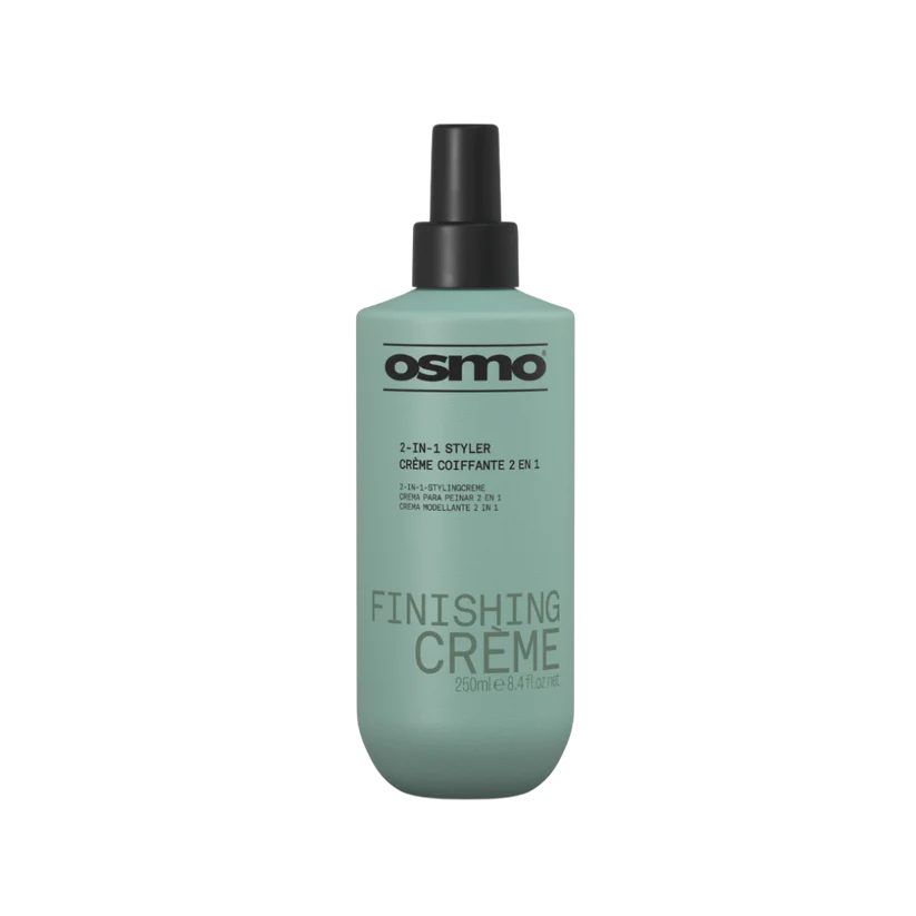 Osmo 2-in-1 Styler Finishing Creme bottle in a muted sage green color with a black spray nozzle, shown on a plain white background.