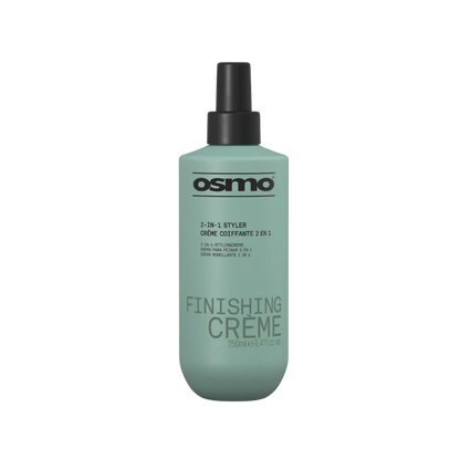 Osmo 2-in-1 Styler Finishing Creme bottle in a muted sage green color with a black spray nozzle, shown on a plain white background.