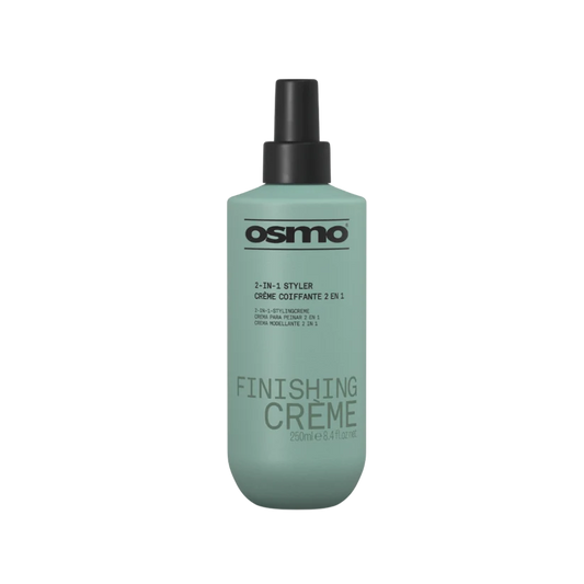 Osmo 2-in-1 Styler Finishing Creme bottle in a muted sage green color with a black spray nozzle, shown on a plain white background.