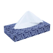 Tissue box with blue and white pattern on a white background