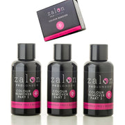 Three bottles of Zalon Colour Remover in different parts, with the packaging box visible above the bottles.
