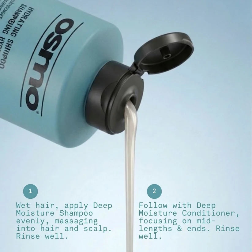 Osmo shampoo bottle with open cap on a light blue background