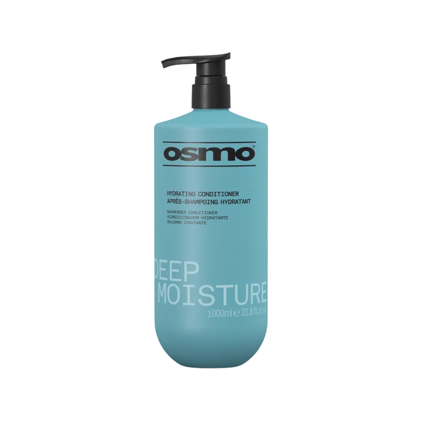 A 1-liter bottle of Osmo Deep Moisture Hydrating Conditioner in a light blue color with a black pump dispenser, shown on a plain white background.