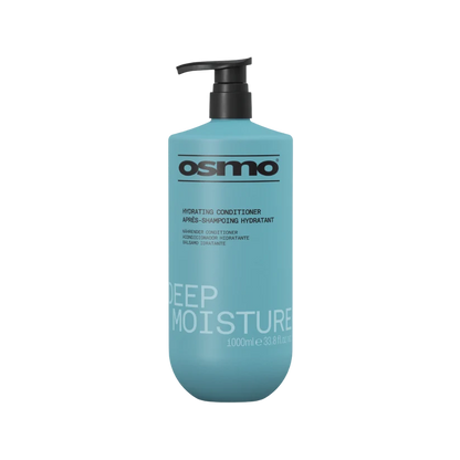 A 1-liter bottle of Osmo Deep Moisture Hydrating Conditioner in a light blue color with a black pump dispenser, shown on a plain white background.