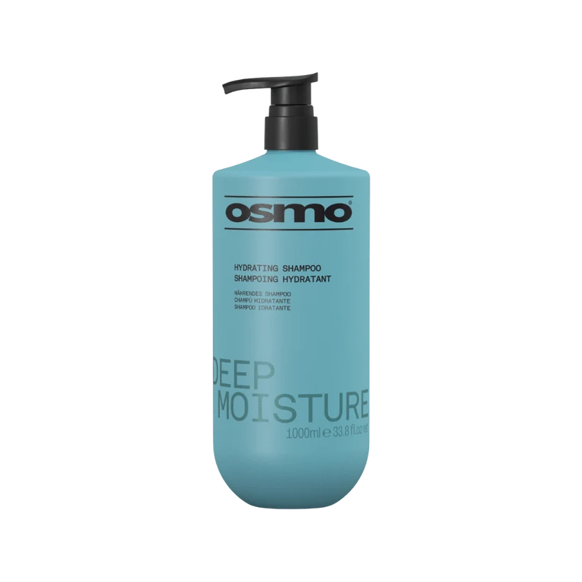 A 1000ml bottle of Osmo Hydrating Shampoo Deep Moisture in a light blue color with a black pump dispenser, shown on a plain white background.