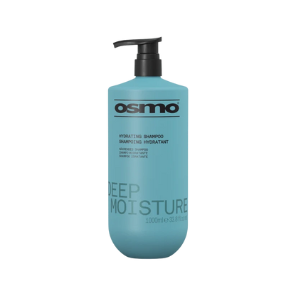 A 1000ml bottle of Osmo Hydrating Shampoo Deep Moisture in a light blue color with a black pump dispenser, shown on a plain white background.