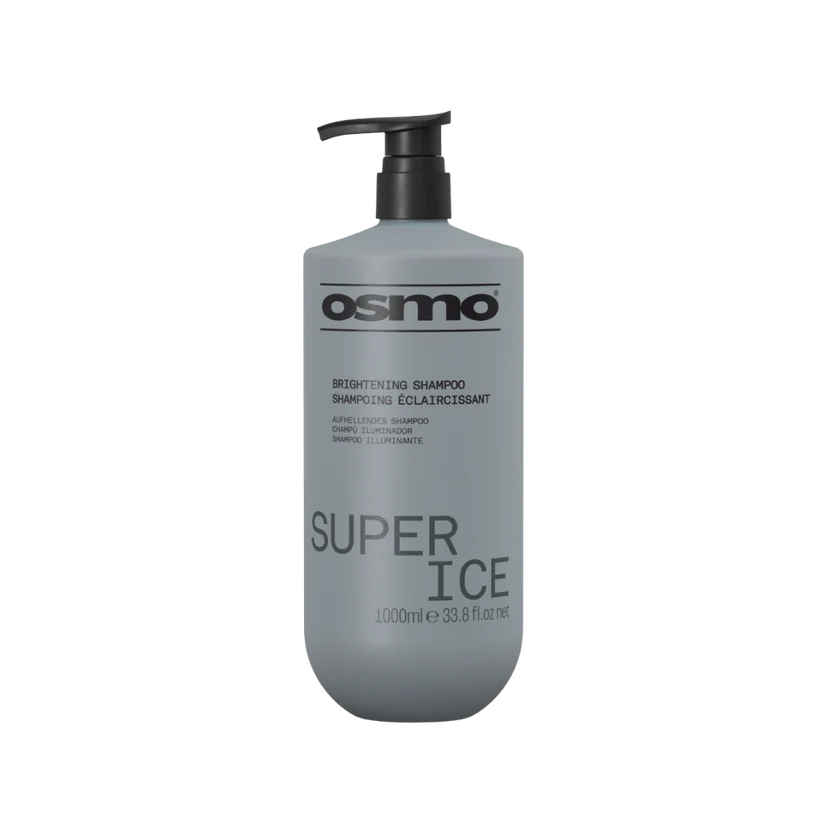 A 1000ml bottle of Osmo Super Ice Brightening Shampoo, featuring a matte gray bottle and a black pump dispenser, shown on a solid white background.