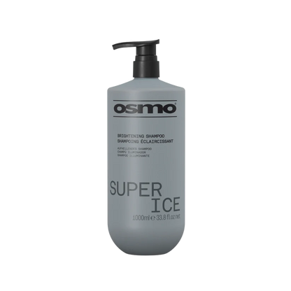 A 1000ml bottle of Osmo Super Ice Brightening Shampoo, featuring a matte gray bottle and a black pump dispenser, shown on a solid white background.