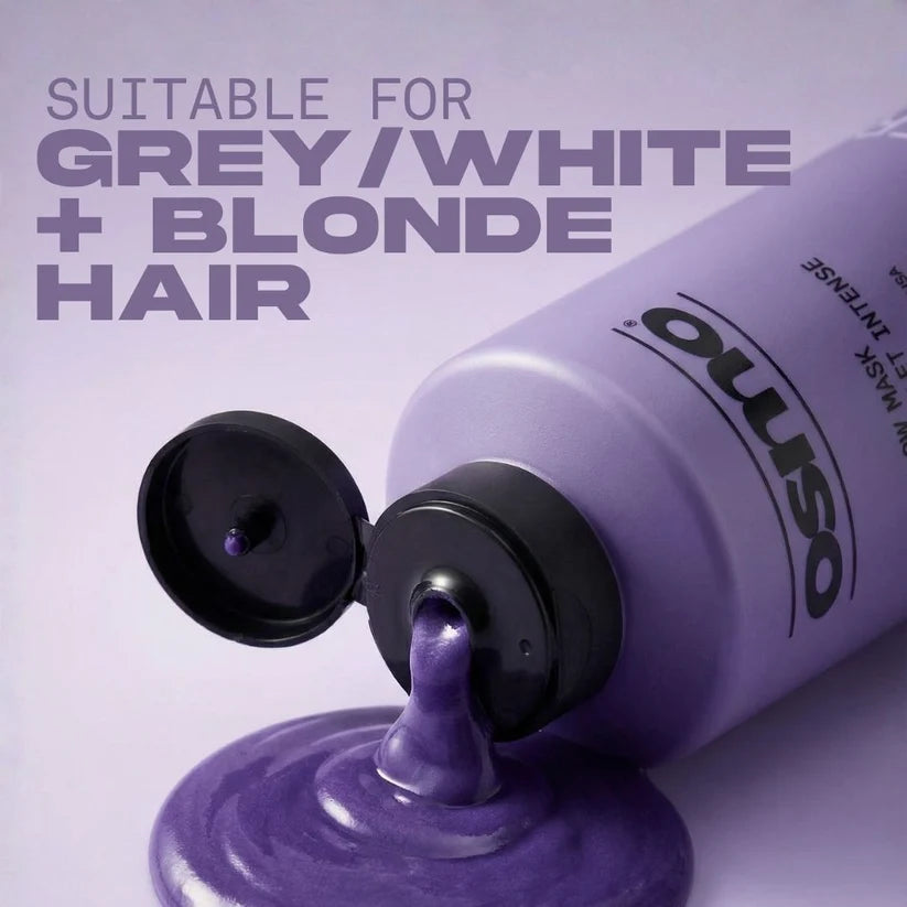 Purple hair mask tube with text indicating suitability for gray, white, and blonde hair on a light purple background.
