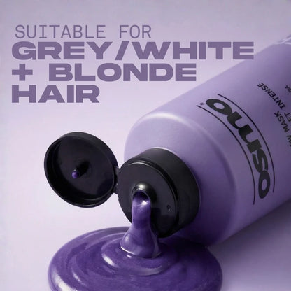 Purple hair mask tube with text indicating suitability for gray, white, and blonde hair on a light purple background.