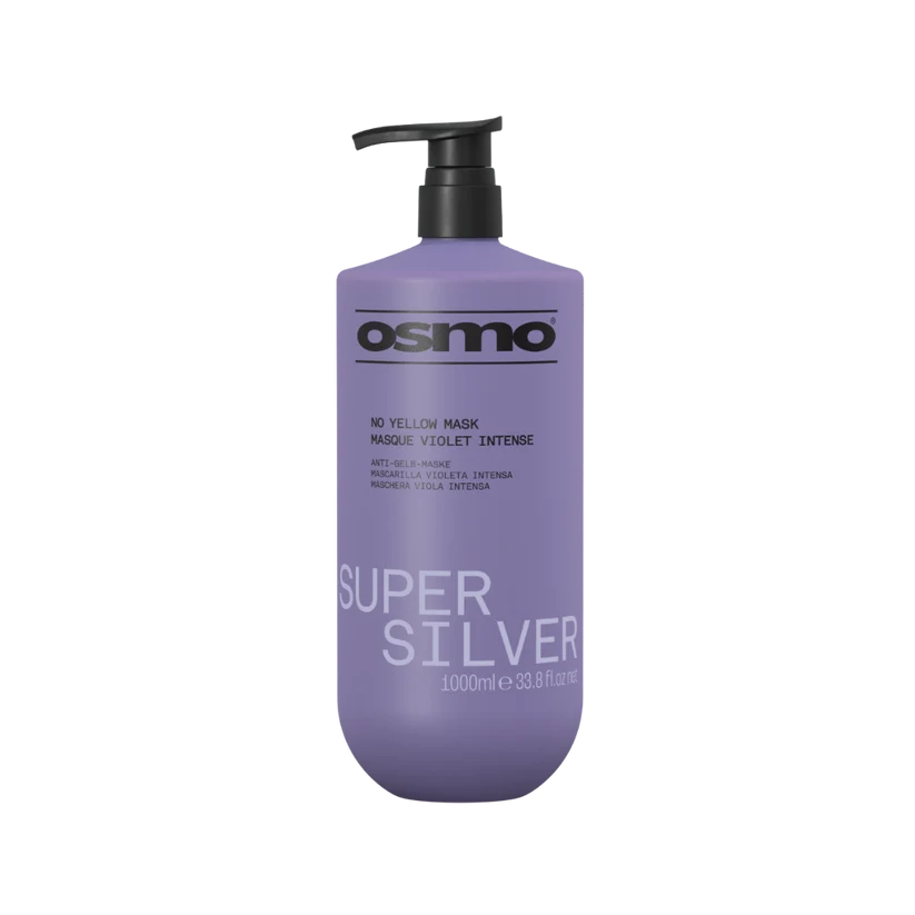 A 1000ml bottle of Osmo Super Silver No Yellow Mask Masque Violette Intense, featuring a lavender purple bottle with a black pump dispenser, set against a plain white background.
