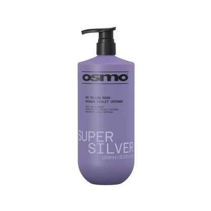 A 1000ml bottle of Osmo Super Silver No Yellow Mask Masque Violette Intense, featuring a lavender purple bottle with a black pump dispenser, set against a plain white background.