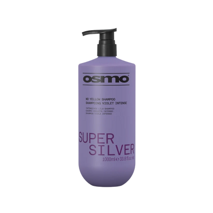Purple shampoo bottle with black pump labeled 'Osmo Super Silver' on a white background