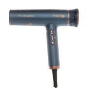 A professional high speed hair dryer with a blue and rose gold color scheme, featuring buttons and a diffuser attachment.