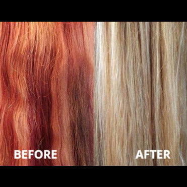 Comparison of red hair before and after colour removing, with 'Before' on the left and 'After' on the right.