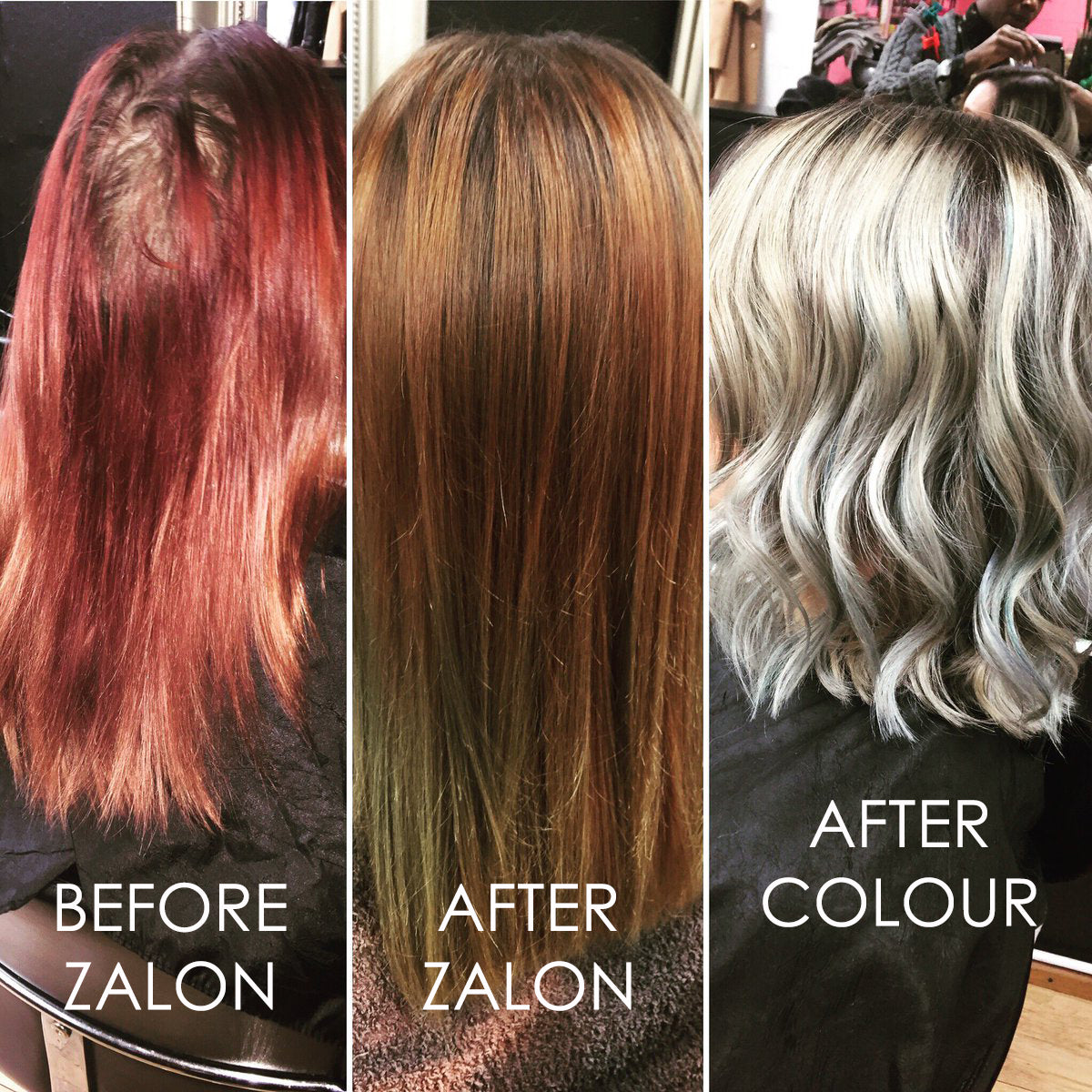 Before and after hair color transformation using Zalon products.